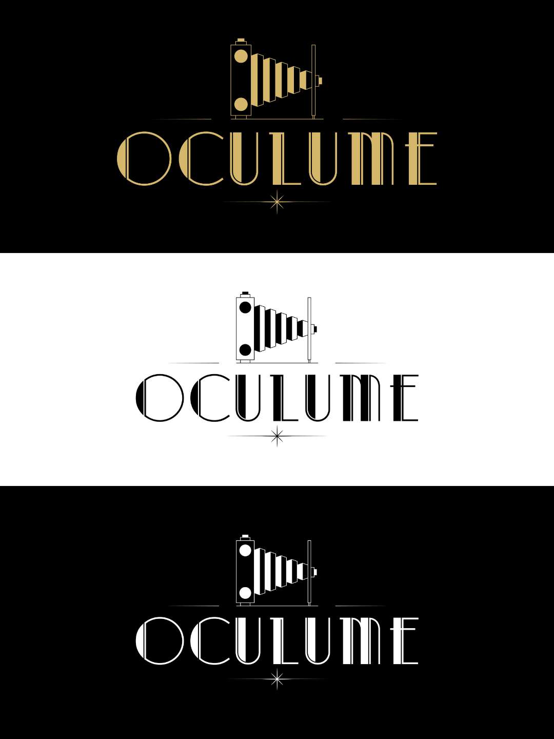 Logo van Ocolume – kunstzinnige fotograaf met jazzinvloeden en goudkleurige typografie, ontworpen door grafisch vormgever uit Groningen.